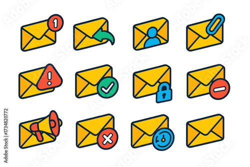 Email Notification Icons. Isometric vector illustration set Email notifications: unread mail icon, reply received, forward sent,
