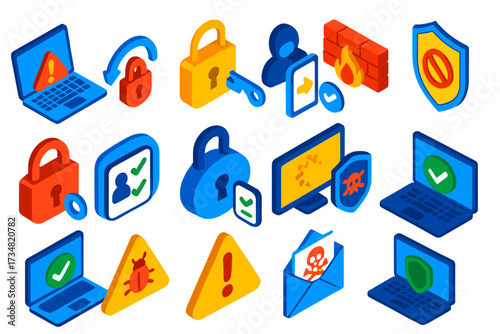 Vibrant Security Icons. Isometric vector illustration set Security notifications: login from new device alert, password change