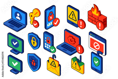 Vibrant Security Icons. Isometric vector illustration set Security notifications: login from new device alert, password change