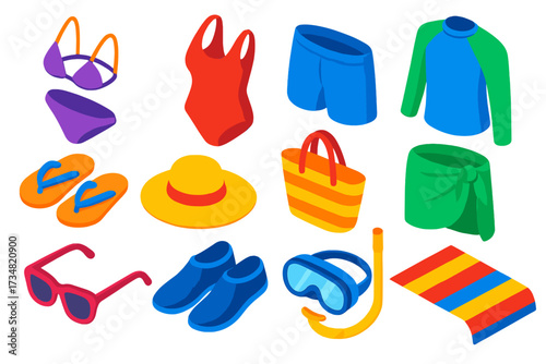Vibrant Swimwear Icons. Isometric vector illustration set Swimwear: bikini, one-piece swimsuit, swim trunks, rash guard, flip