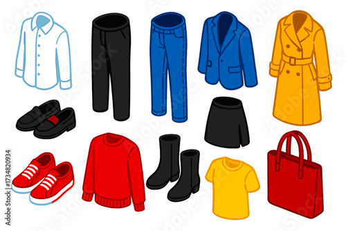 Bright Capsule Wardrobe Icons. Isometric vector illustration set Capsule wardrobe: white shirt, black trousers, denim jeans,