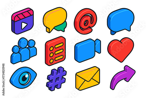 Colorful Media Icons. Isometric vector icon set interactive media: reels play, chat bubbles, mention @, message bubble, group