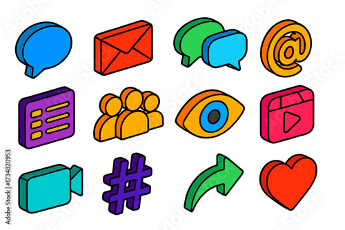 Vibrant Messaging Icons. Isometric vector icon set direct messaging: message bubble, email envelope, chat bubbles, mention @,