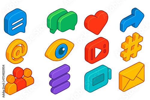 Vibrant Chat Icon Set. Isometric vector icon set mobile chat: message bubble, chat bubbles, heart like, share arrow, hashtag