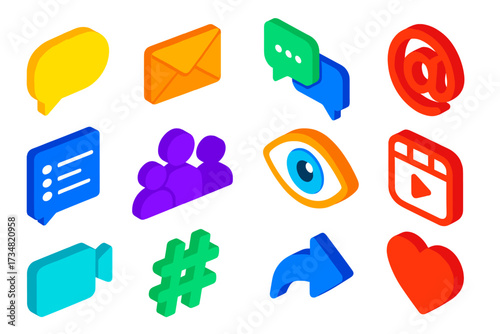 Vibrant Messaging Icons. Isometric vector icon set direct messaging: message bubble, email envelope, chat bubbles, mention @,