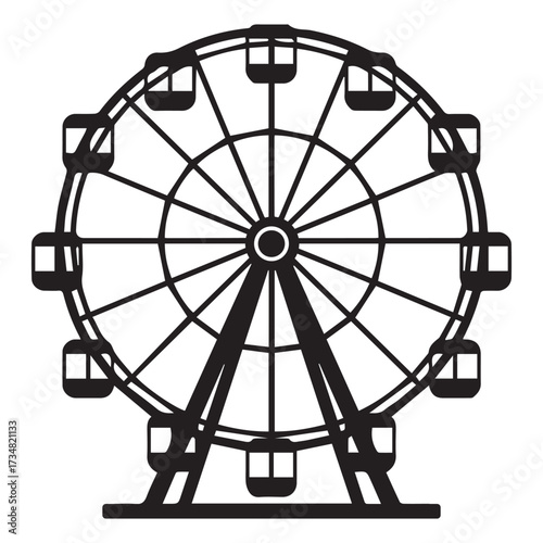 Ferris wheel, black outline silhouette of the ride, minimalist amusement park design, vector outline on a transparent background.