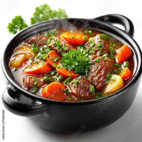Hearty Beef Stew with Carrots and Potatoes in Black Bowl, Close-up
