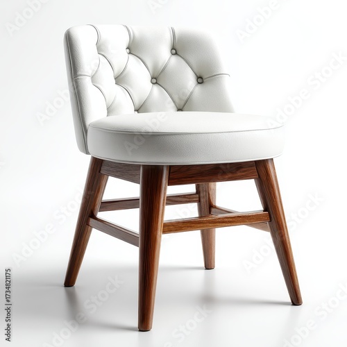 Elegant White Leather Chair with Tufted Back and Wooden Legs on White