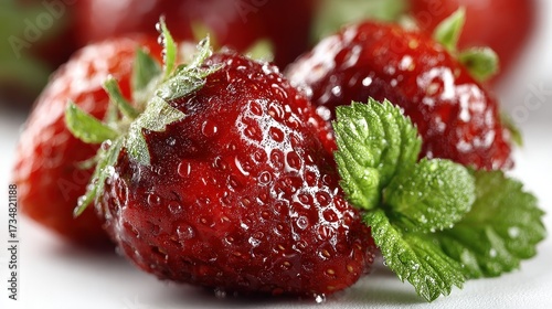 Fresh Strawberries with Mint Leaves and Water Droplets Macro Shot