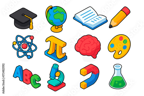 Bold Education Icons. Isometric vector icon set higher education: graduation cap, globe learn, book open, pencil write, atom