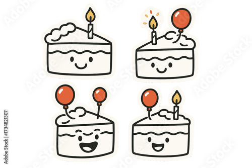 Cheerful Cake Doodles. Funny doodle stickers: cake slices with faces, candles glowing, balloons as cherries, cheerful doodle style