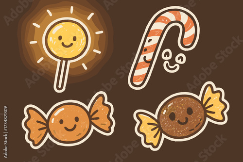 Cheerful Candy Doodles. Sweet doodle stickers: lollipops glowing, candy canes smiling, wrapped chocolates with eyes, cheerful
