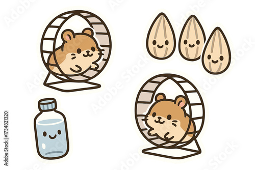 Cute Doodle Stickers. Cute doodle stickers: hamster in a tiny wheel, sunflower seeds with faces, little water bottle smiling,