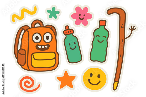 Playful Doodle Gear. Bright doodle stickers: backpack with eyes, water bottle smiling, hiking stick waving, cheerful doodle shapes