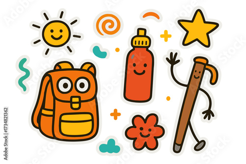 Playful Doodle Gear. Bright doodle stickers: backpack with eyes, water bottle smiling, hiking stick waving, cheerful doodle shapes