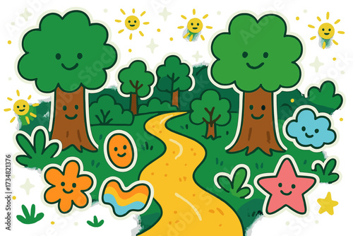 Cheerful Forest Doodles. Bright doodle stickers: forest path with smiling trees, fireflies glowing like stars, cheerful doodle