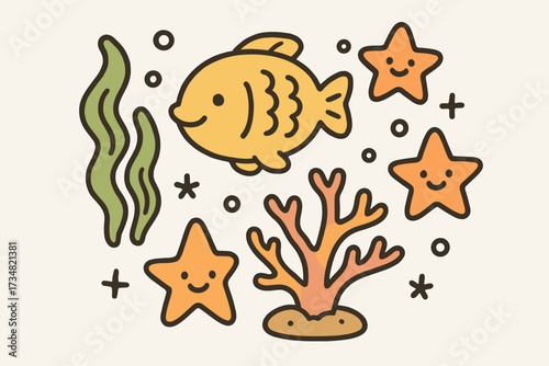 Whimsical Coral Doodle. Whimsical doodle stickers: coral reef with smiling fish, seaweed waving, starfish with faces, cheerful