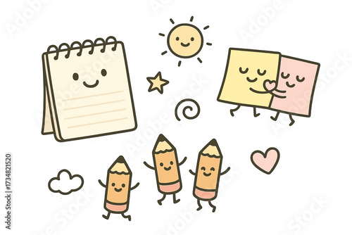 Playful Doodle Stickers. Charming doodle stickers: notebook with smiling pages, sticky notes hugging, tiny pencils jumping,