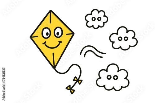 Playful Kite Stickers. Funny doodle stickers: kite with a smiling face, string waving, tiny clouds with eyes, simplified doodle