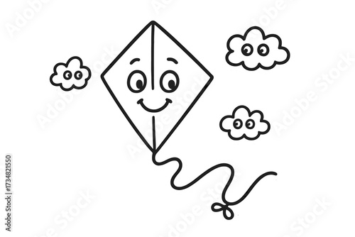 Playful Kite Stickers. Funny doodle stickers: kite with a smiling face, string waving, tiny clouds with eyes, simplified doodle