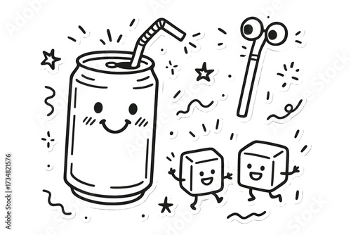 Playful Soda Stickers. Funny doodle stickers: smiling soda can, tiny ice cubes jumping, straw with eyes, playful doodle details,