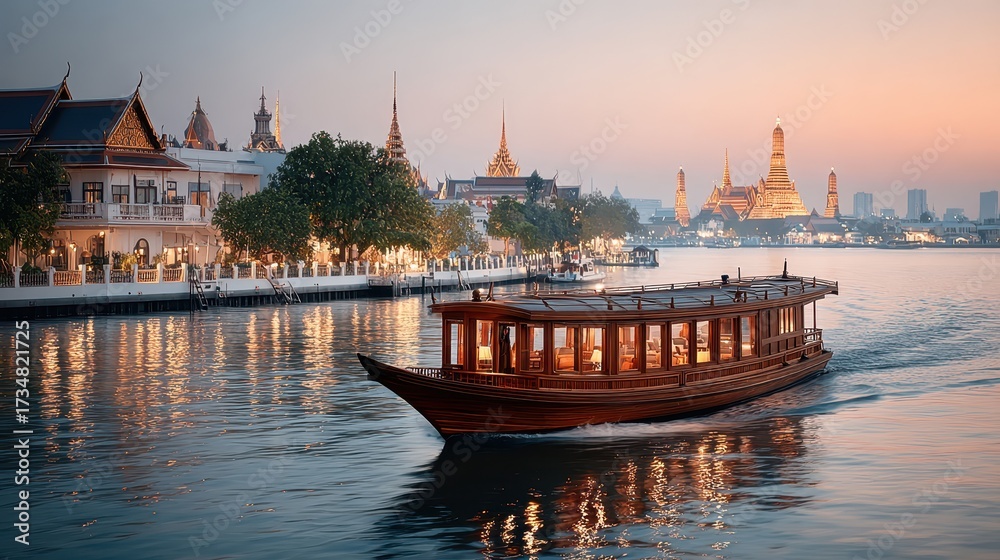 Obraz premium Bangkok River Cruise at Sunset with Temple of Dawn in Background