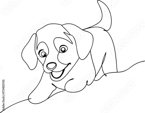 Playful puppy with wagging tail drawn in simple Continous line drawing line art animal