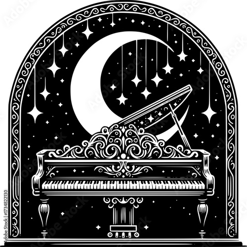 Celestial Melody: An elegant piano, adorned with intricate details, sits beneath a crescent moon and twinkling stars, creating a dreamlike atmosphere of musical enchantment.