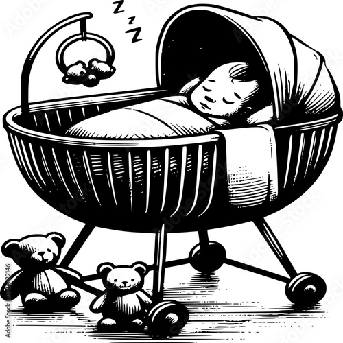 Sweet Dreams in a Cradle: A peaceful depiction of a baby sleeping soundly in a charming cradle, surrounded by plush toys, capturing the serenity of infancy.