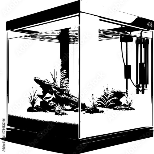 Aquarium Serenity: Minimalist monochrome image of an aquatic world, inviting viewers to dive into the calming depths of a meticulously designed aquarium.