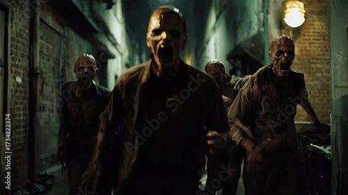 Zombies walking down dark Alley in Europe at Night