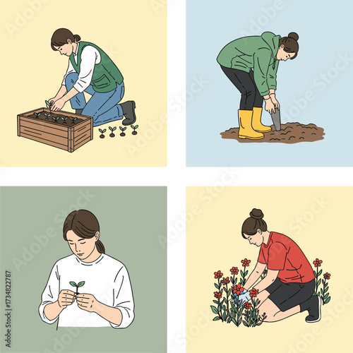 "Gardening Activities Vector Set Showing Planting, Digging, Pruning, and Care in Springtime Garden Scenes with Diverse Characters and Tools"
