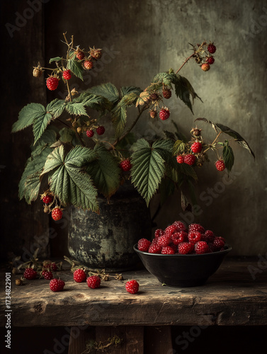 Rustic Still Life with Fresh Raspberries and Lush Leafy Branches, Artfully Arranged on a Dark Wooden Table, Capturing the Essence of a Natural Autumn Harvest and Wholesome Goodness