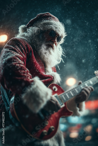 Legendary bearded entertainer delivers a spirited electric guitar performance in a magical snowy winter wonderland, blending holiday cheer with rock-and-roll energy