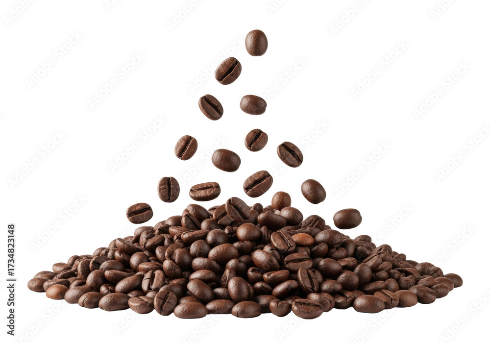 Obraz premium Floating and falling dark roasted coffee beans with subtle sheen, above a dense pile on a transparent studio background, concept for premium coffee advertising
