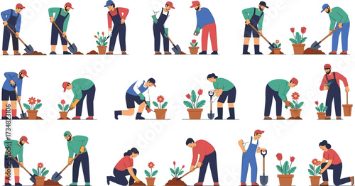 "Gardening Vector Set Featuring People Planting, Watering, and Tending Tulips in Spring Garden for Nature Care and Outdoor Activity"