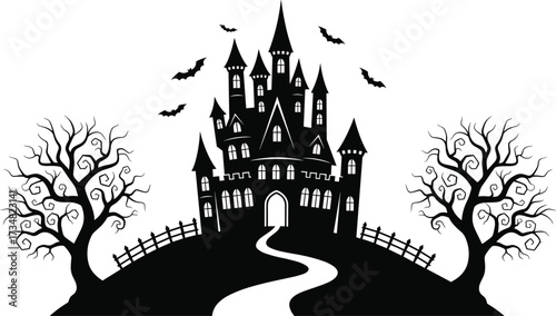 Gothic haunted castle silhouette vector with bats, twisted trees, spooky hilltop path, eerie architecture for Halloween and horror themes