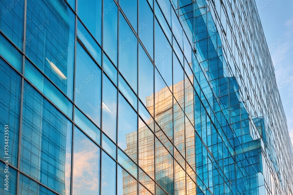 Obraz premium Modern glass building facade at sunset