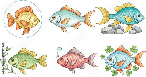 "Set of six colorful cartoon fish with unique features and surroundings for aquatic design, education, nature, and illustration use"