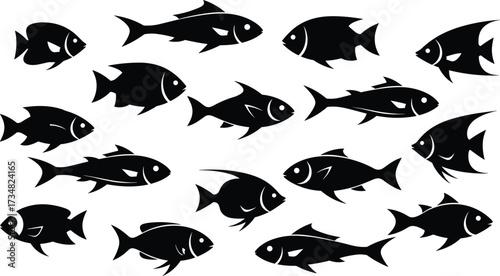 "Set of sixteen stylized fish silhouettes with varied shapes, fins, and orientations for aquatic design, nature, and illustration use"