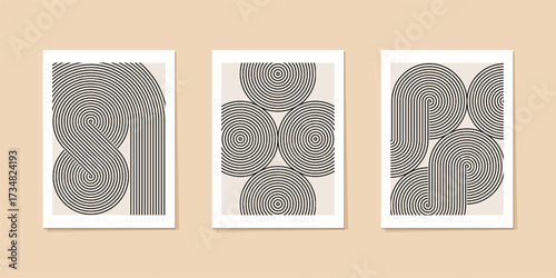 Concentric line art deco poster. Curved japanese garden abstract arch, knot shape and circle spiral moon. Endless retro black rainbow, geometric undulate orient zen art. Black stroke eternity pattern