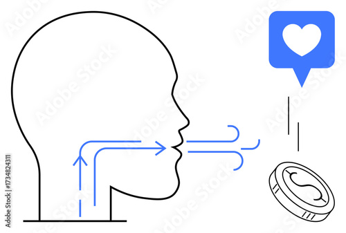 Human head silhouette exhaling arrows toward love and coin icons, representing giving, expression, sharing. Ideal for communication, charity, generosity, social impact, value relationships simple