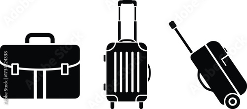 "Set of three travel bag silhouettes including briefcase, hard-shell suitcase, and rolling duffel for luggage design and catalog use"