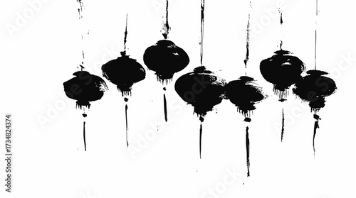 Oriental ink painting of asian lanterns in grunge brush stroke style for traditional festive design