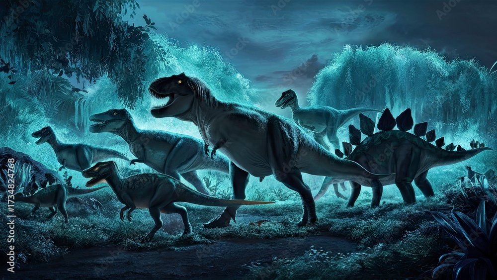 Fototapeta premium Glowing Dinosaurs in Bioluminescent World