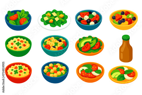 Vibrant Salad Illustrations. Isometric vector illustration set Healthy salads: mixed greens bowl, Caesar salad plate, Greek salad