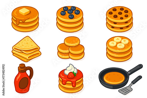 Pancake Variety Icons. Isometric vector illustration set Pancake varieties: classic stack with butter, blueberry pancakes,