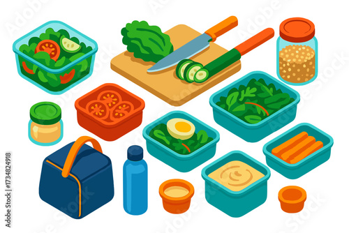 Salad Meal Prep. Isometric vector illustration set Salad meal prep: glass container with salad, chopping board with lettuce, knife