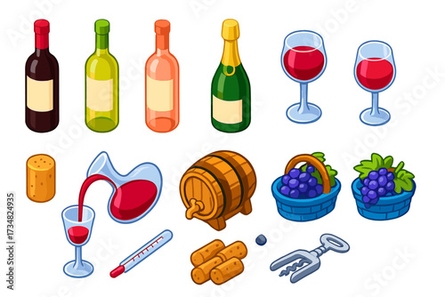 Wine Icons Collection. Isometric vector illustration set Wine varieties: red wine bottle, white wine bottle, rosé wine bottle,