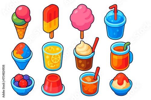 Vibrant Summer Treats. Isometric vector illustration set Summer sweets: waffle cone with two scoops, fruit popsicle, cotton candy